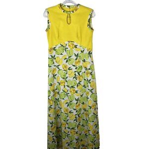 Vtg Handmade Womens Sleeveless Maxi Dress Size M Yellow Lemons Limes 1960s 1970s
